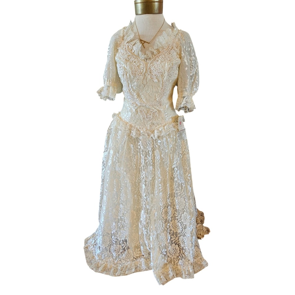 Vintage Cream Lace Pearl Beaded Puff Sleeve Wedding Formal Dress Ivory 80s NOS